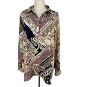 Chicos Baroque Print Button Up Long Sleeve Shirt Women Size 3 Purple‎ Gold Blue
